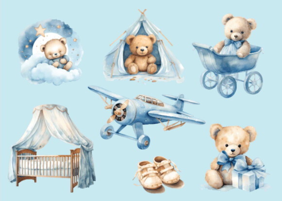 Kit Digital Ursinho Azul Aquarela #25 Png (pague 1 Leve 5)