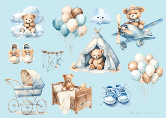 Kit Digital Ursinho Azul Aquarela #25 Png (pague 1 Leve 5)