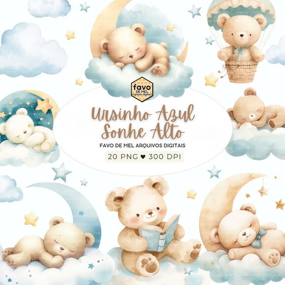 Kit Digital Ursinho Azul Aquarela #7 Sonhe Alto Png Premium