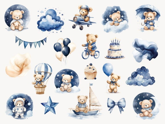 Kit Digital Ursinho Azul Aquarela #8 Png Premium