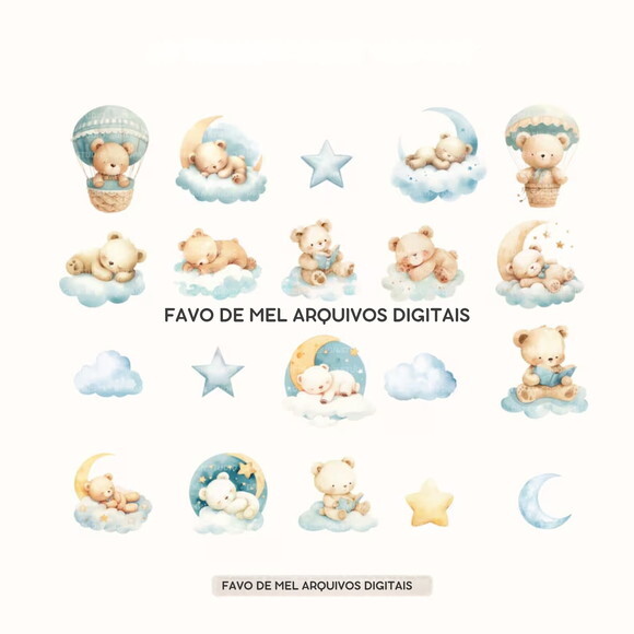 Kit Digital Ursinho Azul Aquarela #7 Sonhe Alto Png Premium