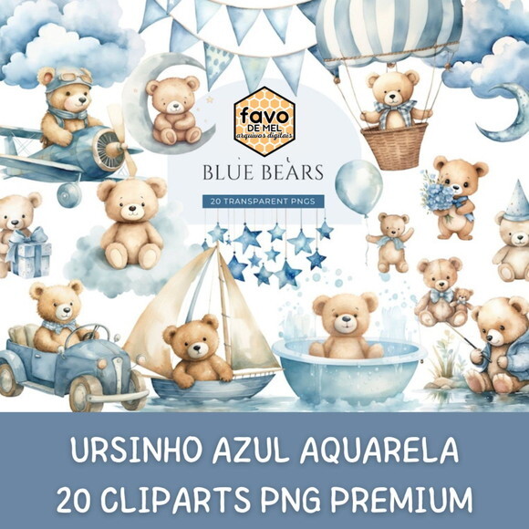 Kit Digital Ursinho Azul Aquarela Premium - Adorable Blue