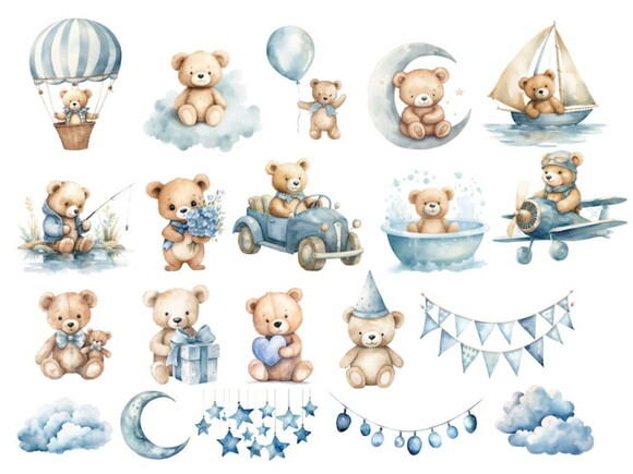 Kit Digital Ursinho Azul Aquarela Premium - Adorable Blue