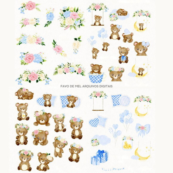 Kit Digital Ursinho Azul Baby Aquarela Premium Png