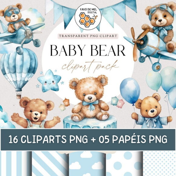 Kit Digital Ursinho Azul Aquarela Premium - Blue Baby Bear