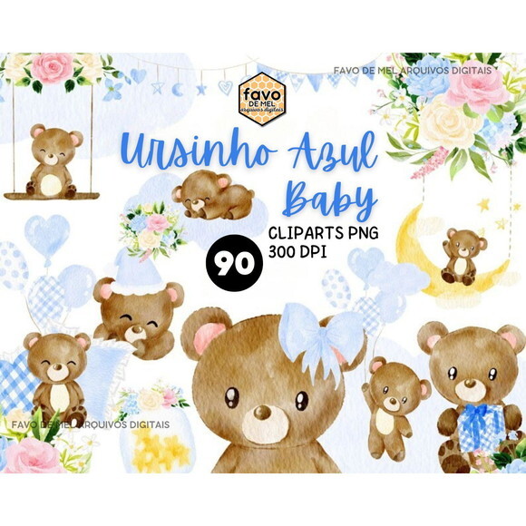 Kit Digital Ursinho Azul Baby Aquarela Premium Png