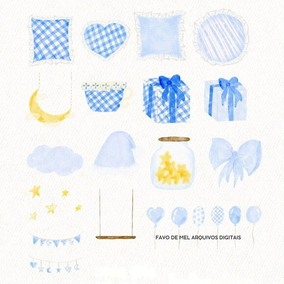 Kit Digital Ursinho Azul Baby Aquarela Premium Png