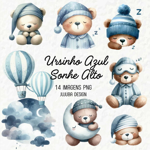 Kit Digital Ursinho Azul Sonhe Alto Aquarela Png #21
