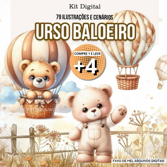 Kit Digital Ursinho Baloeiro Bege Neutro Aquarela #3