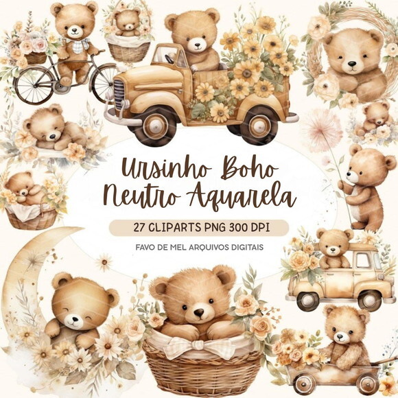Kit Digital Ursinho Boho Neutro Aquarela Teddy Bear #4