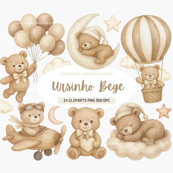 Kit Digital Ursinho Bege Ursinho Neutro Aquarela Premium Png