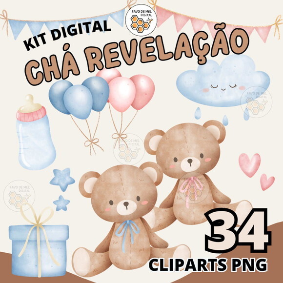 Kit Digital Ursinho Chá Revelação - Azul e Rosa Minimalista