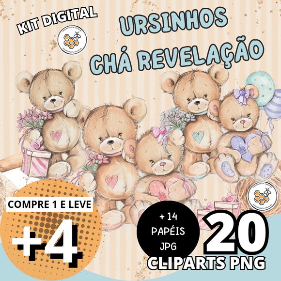 Kit Digital Ursinho Chá Revelação - Azul Rosa Verde e Lilás