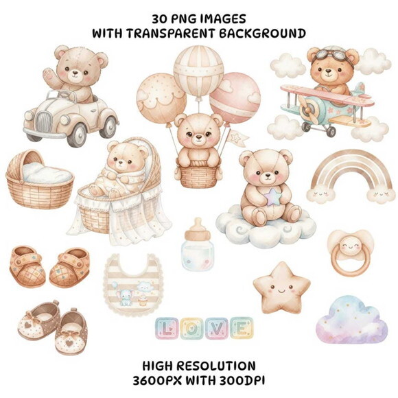 Kit Digital Ursinho Cute Aquarela - Cute Teddy Bear Bege #7