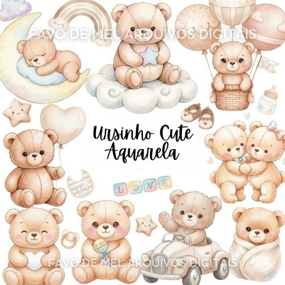 Kit Digital Ursinho Cute Aquarela - Cute Teddy Bear Bege #7
