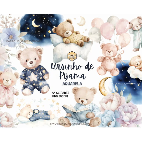 Kit Digital Ursinho de Pijama Aquarela - Sonhe Alto Png