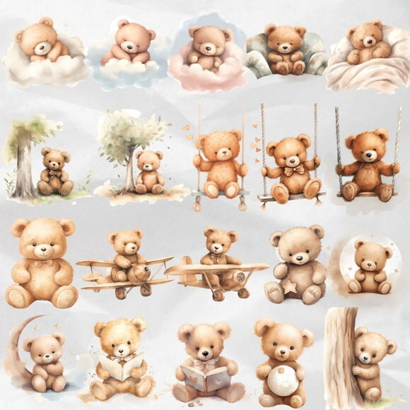Kit Digital Ursinho Cute Aquarela Premium - Cute Teddy Bear