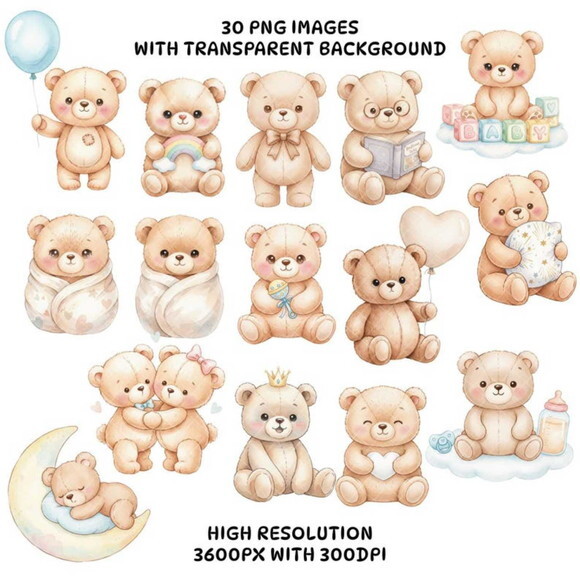 Kit Digital Ursinho Cute Aquarela - Cute Teddy Bear Bege #7