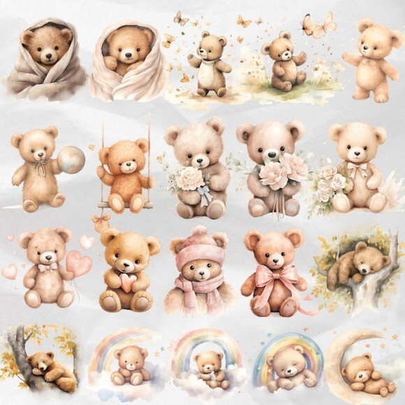 Kit Digital Ursinho Cute Aquarela Premium - Cute Teddy Bear