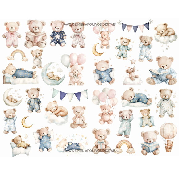 Kit Digital Ursinho de Pijama Aquarela - Sonhe Alto Png