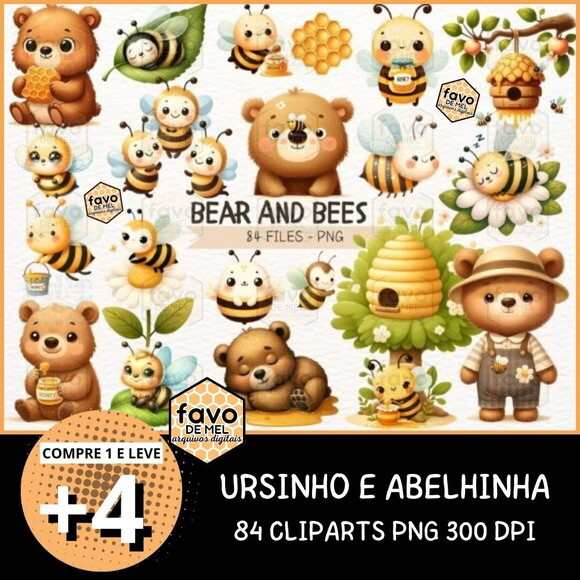 Kit Digital Ursinho e Abelhinha Aquarela - Bear And Bees Nca