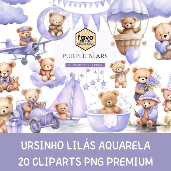 Kit Digital Ursinho Lilás Aquarela Premium - Adorable Purple