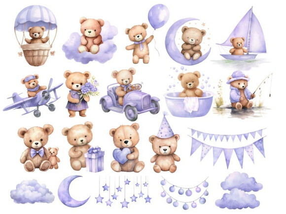 Kit Digital Ursinho Lilás Aquarela Premium - Adorable Purple