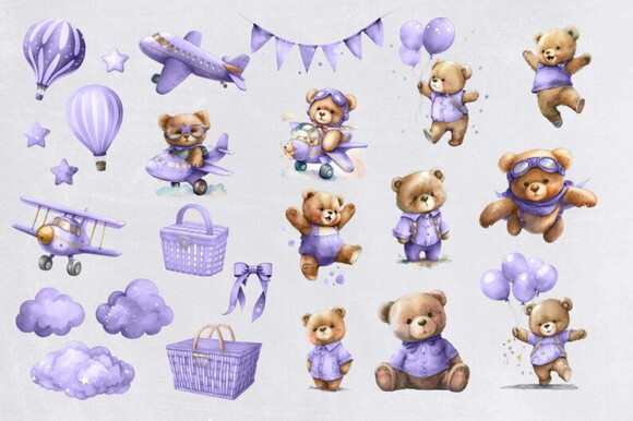 Kit Digital Ursinho Lilás Aquarela Premium - Baby Bear (hc)