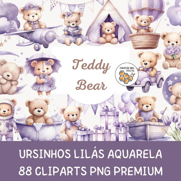 Kit Digital Ursinho Lilás Aquarela Premium - Teddy Bear (fd)