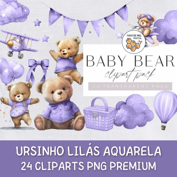 Kit Digital Ursinho Lilás Aquarela Premium - Baby Bear (hc)