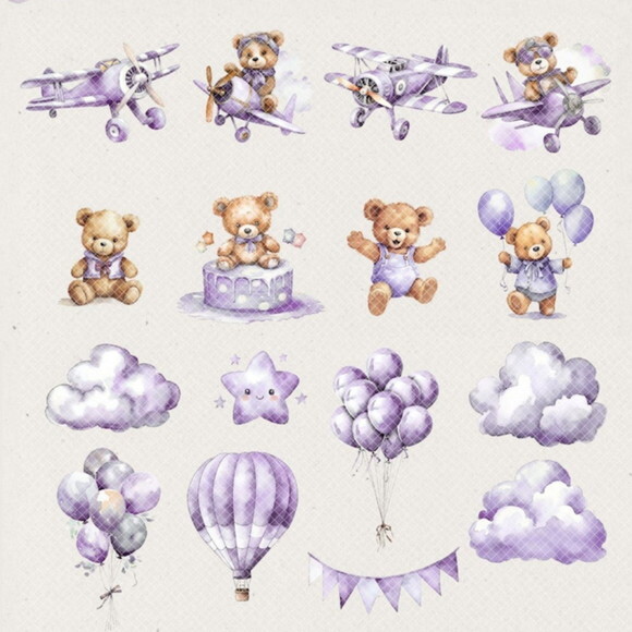 Kit Digital Ursinho Lilás Aquarela Premium -purple Baby Bear