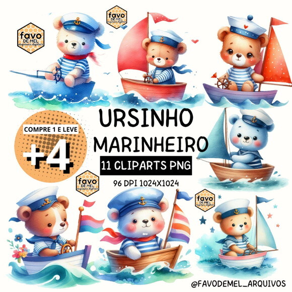 Kit Digital Ursinho Marinheiro Aquarela