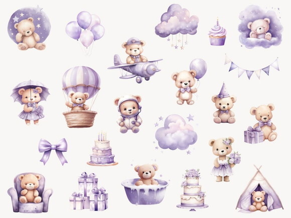 Kit Digital Ursinho Lilás Aquarela Premium - Teddy Bear (fd)