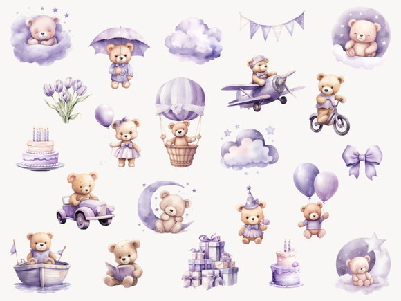 Kit Digital Ursinho Lilás Aquarela Premium - Teddy Bear (fd)