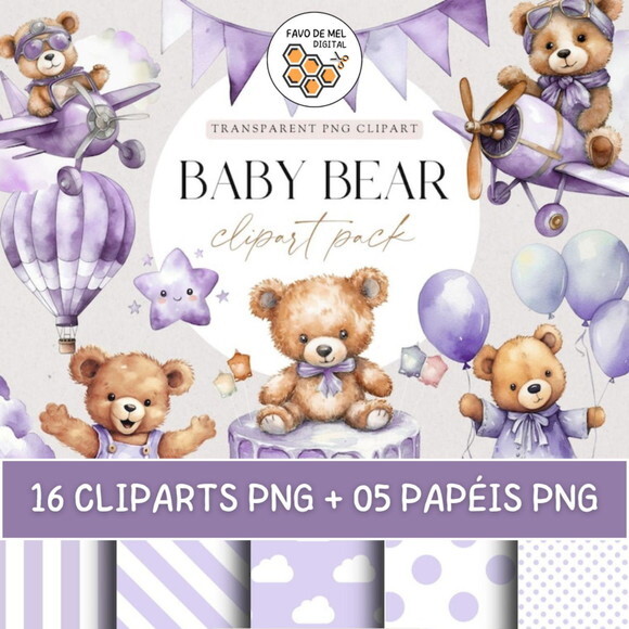 Kit Digital Ursinho Lilás Aquarela Premium -purple Baby Bear