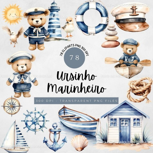 Kit Digital Ursinho Marinheiro Aquarela Premium Png