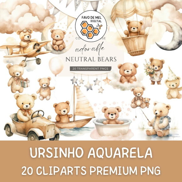 Kit Digital Ursinho Neutro Aquarela Premium - Adorable Bears
