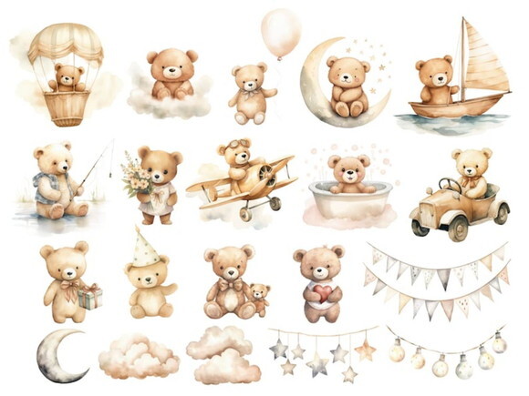 Kit Digital Ursinho Neutro Aquarela Premium - Adorable Bears