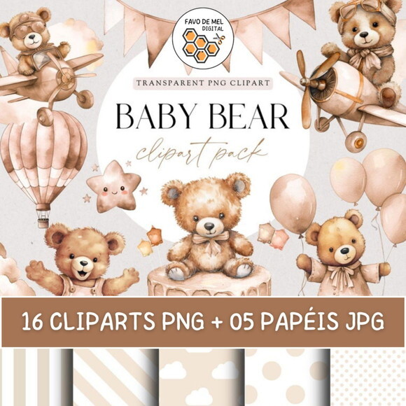 Kit Digital Ursinho Neutro Aquarela Premium -beige Baby Bear