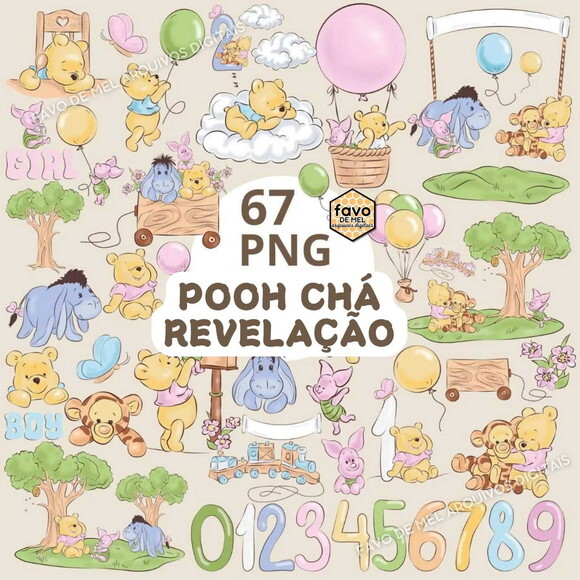 Kit Digital Ursinho Pooh Baby Chá Revelação Png Premium