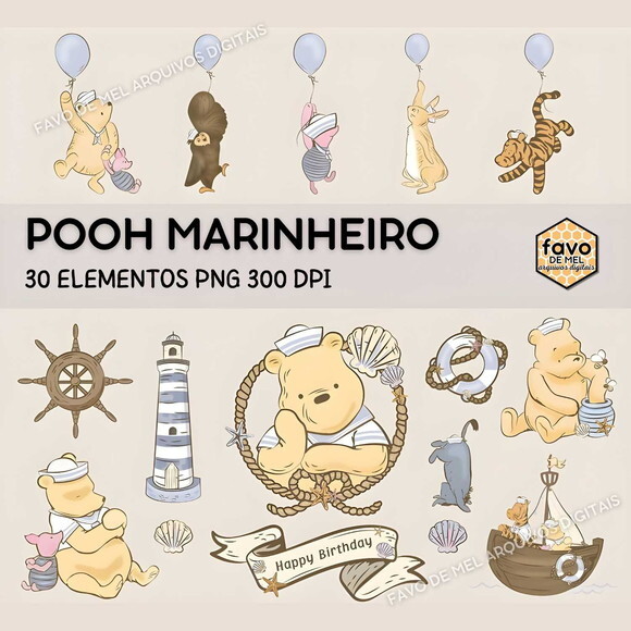 Kit Digital Ursinho Pooh Marinheiro Vintage Png Premium