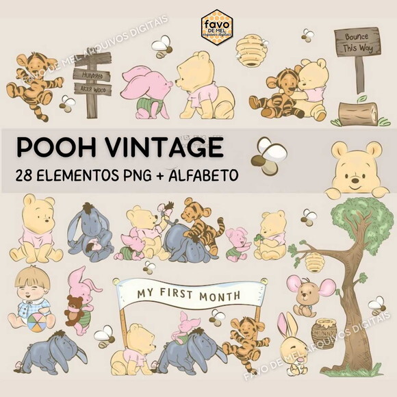 Kit Digital Ursinho Pooh Vintage #2 Png Premium