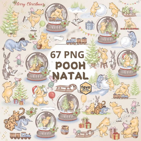 Kit Digital Ursinho Pooh Vintage Natal Png Premium