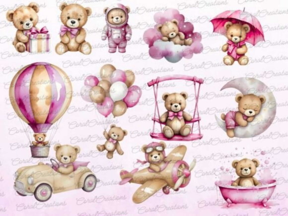Kit Digital Ursinho Rosa Aquarela #12 (pague 1 Leve +4) Png