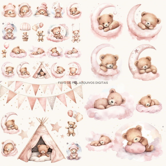 Kit Digital Ursinho Rosa Aquarela - Sonhe Alto Menina Png