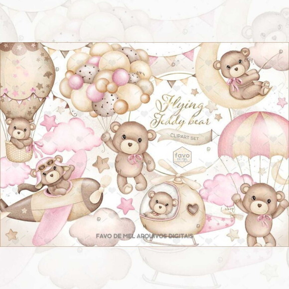 Kit Digital Ursinho Rosa Aquarela - Voe Alto #14 Png Premium