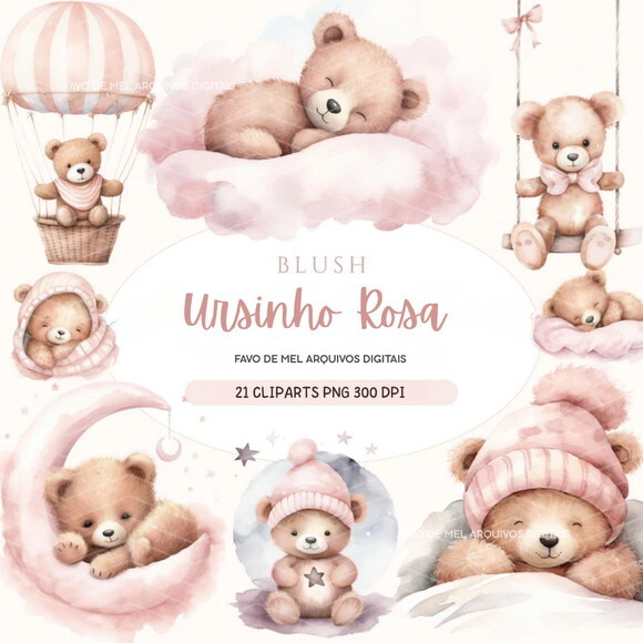 Kit Digital Ursinho Rosa Aquarela - Sonhe Alto Menina Png