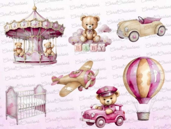 Kit Digital Ursinho Rosa Aquarela #12 (pague 1 Leve +4) Png