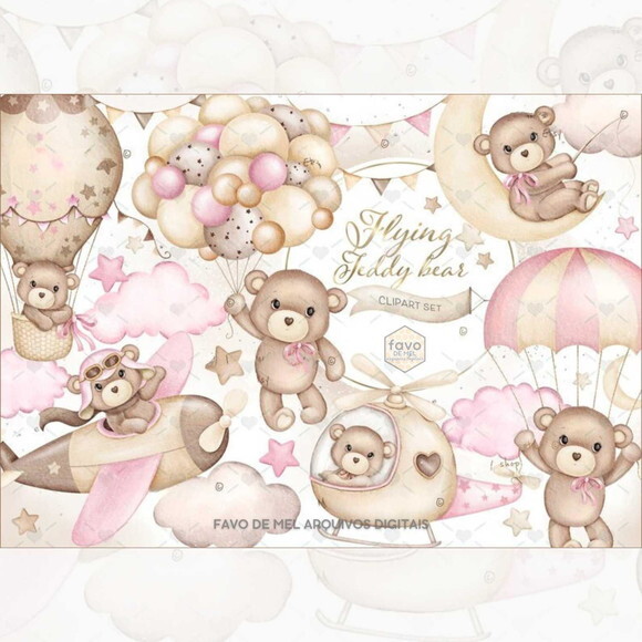 Kit Digital Ursinho Rosa Aquarela #13 Png Premium