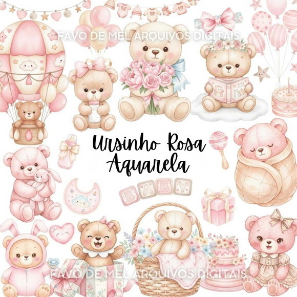 Kit Digital Ursinho Rosa Aquarela #16
